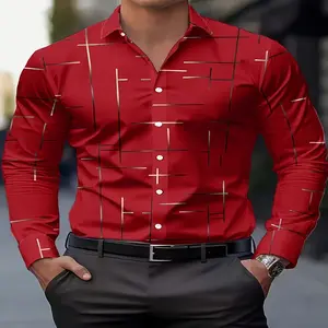 Men's Regular Stretch Polyester Long-Sleeve Shirt - Menswear with Stylish Digital Print, All-Seasons Fabric, European & American Casual Top