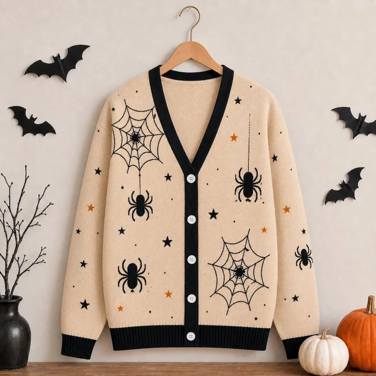 Cream Spiderweb Halloween Cardigan Jacket, Hanging Black Spiders, Starry V Neck Fall Sweater