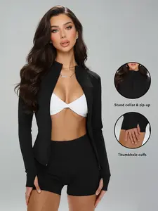 Women's Sporty Athleisure Style Tight-Fitting Jacket, Full Zip Stand Collar Thumb Loop Gym Outerwear, Soft Skin-Friendly Fabric Yoga Running Top