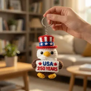 USA 250th Anniversary Eagle Crochet Keychain, Handmade Patriotic Amigurumi Key Ring, America 250 Gift