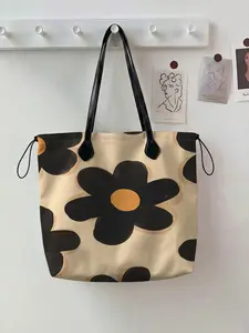 Floral Pattern 2D Printed Drawstring Design Tote Bag, Large Capacity Shopping Bag, Durable and Wear-Resistant, Suitable for Work, Shopping, Picnic