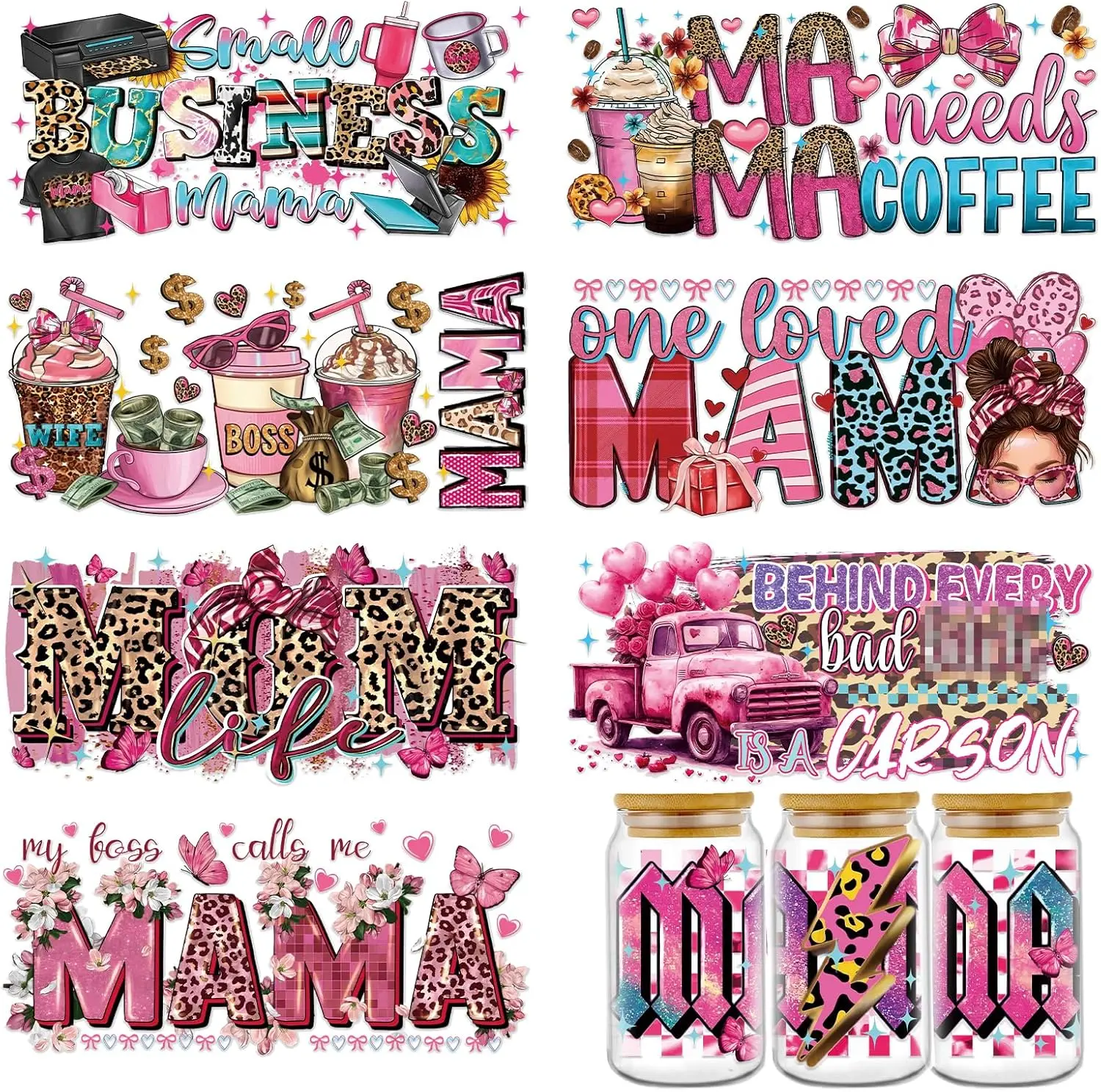 Mama UVDTF Cup Wrap - 8 Sheets Mom UV DTF Wraps for 16 oz, Leopard Print UV DTF Stickers for Water Botters Glass Cups,  Coffee Bow Rub on Transfer  for Women