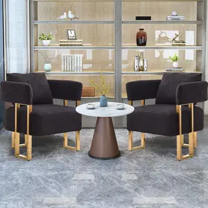 Modern Barrel Accent Chairs Set of 2, Living Room Side Chairs with Golden Metal Legs Soft Upholstered Reading Armchairs no Wheels for vanity/Reception Room//Bedroom/Lounge/Office, Black Teddy