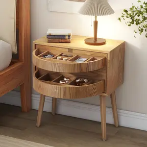 Rotating Hidden Compartment Nightstand with Rattan Panel, Mid-Century Modern Bedside Table, Flip Drawer & Concealed Storage, Wooden End Table for Bedroom Living Room