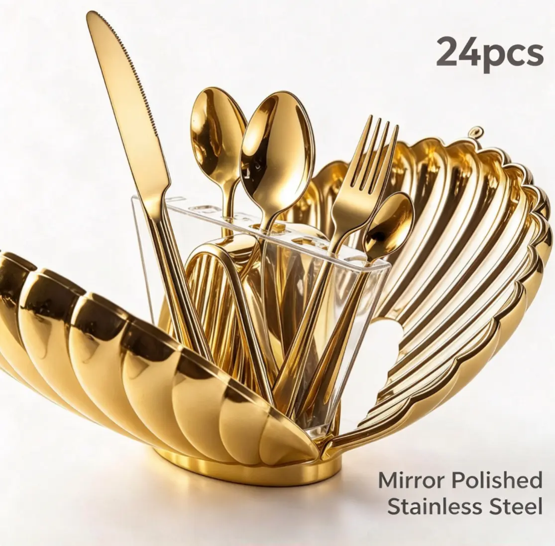 24pcs stainless steel cutlery set with a creative shell storage rack, Western-style tableware suitable for restaurants and home decor, non-fading gold knives, forks, and spoons, rustproof cutlery, ideal for family dinners and parties, mirror-finish go,fam