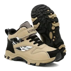 Boys' Mid-Top Athletic Sneakers - Non-Slip, Durable Design with Comfortable Arch Support, Ideal for Outdoor Hiking & Running, All-Season Use, Black with White Laces, Hiking Footwear |       TPR Sole |       TPR Outsole