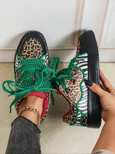 Women's New Trendy Colorblock Leopard Print Casual Sneakers, Street Style, Lightweight Breathable Low Top Lace-Up Skate Shoes