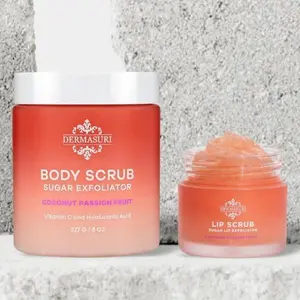 Dermasuri Sugar Body Scrub & Sugar Lip Scrub Bundle - Coconut Passion Fruit Formula with Vitamin C & Hyaluronic Acid for Soft Smooth Skin & Radiant Lips