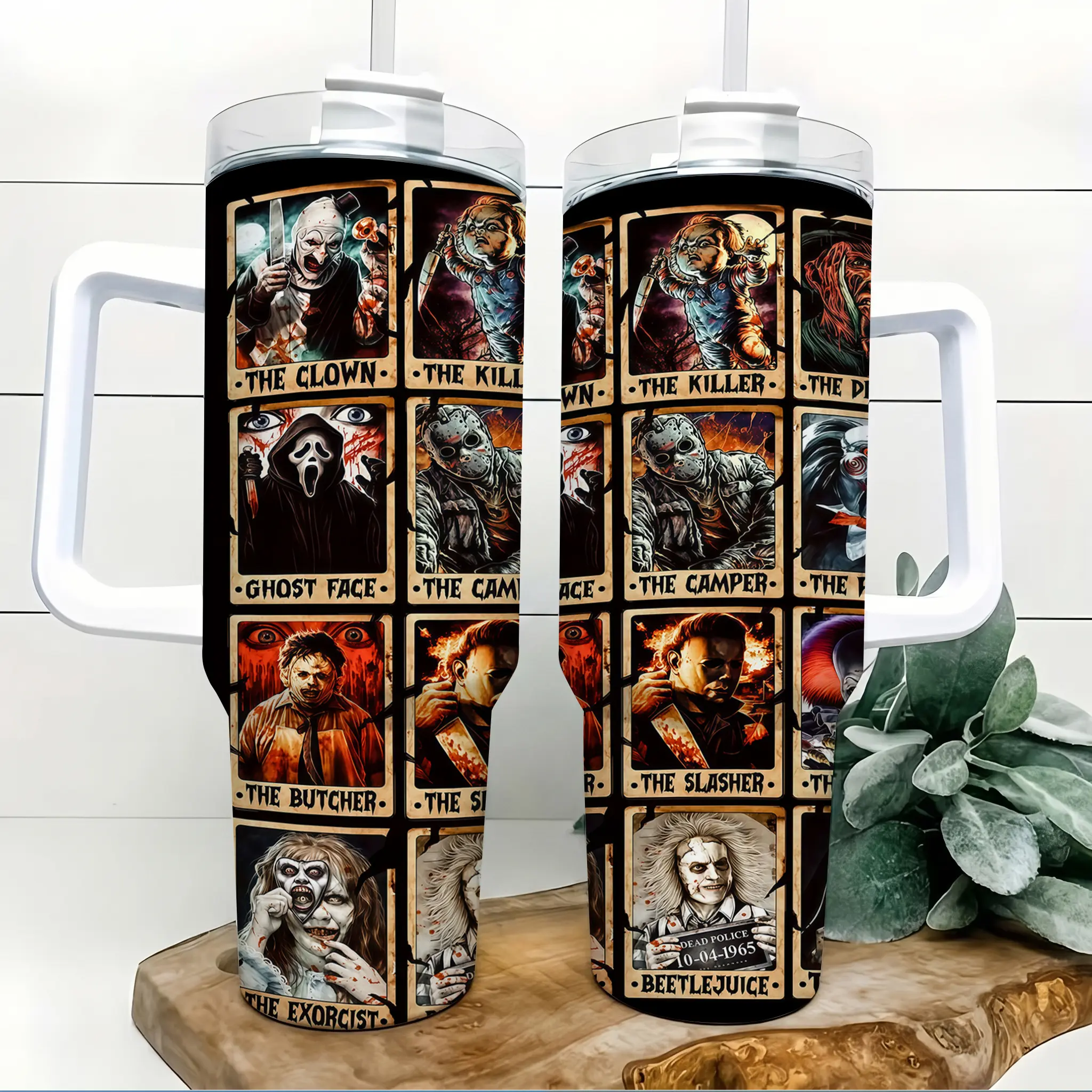 Horror Slasher Villain Card Inspired 40oz Insulated Tumbler with Handle and Straw Scary Movie Character Collage Stainless Steel Water Bottle Travel Mug for Gym Car Commute Office Halloween Birthday Gift