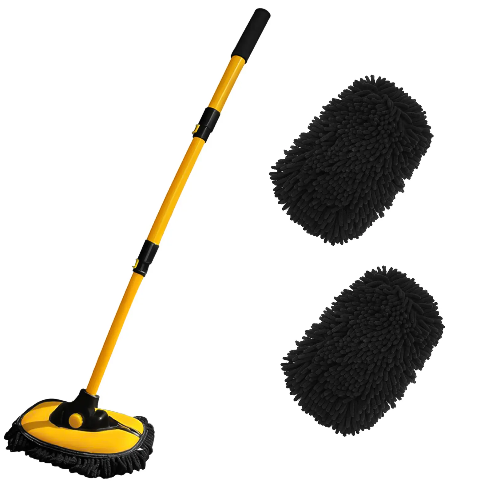 YeewayVeh 43”Car Wash Brush with Long Handle, Microfiber Car Wash Mop with Replaceable Chenille Brush Head, Soft Cleaning Brush with 15° Curved Extension Pole Car Wash Kit for RV Truck Camper, YELLOW