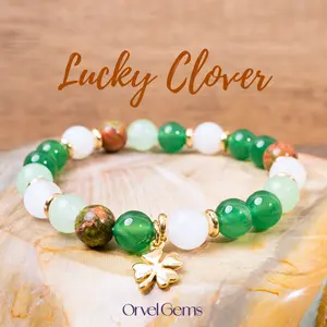 Lucky 4 Leaf Clover Charm Crystal Bracelet - Good Luck Gemstone Aventurine Unakite Moonstone Green Agate 8mm Beads - Meaningful Gift for Prosperity & Positivity - Spiritual Jewelry for Friends Family Graduation Thanksgiving Christmas New Year Gift for Her