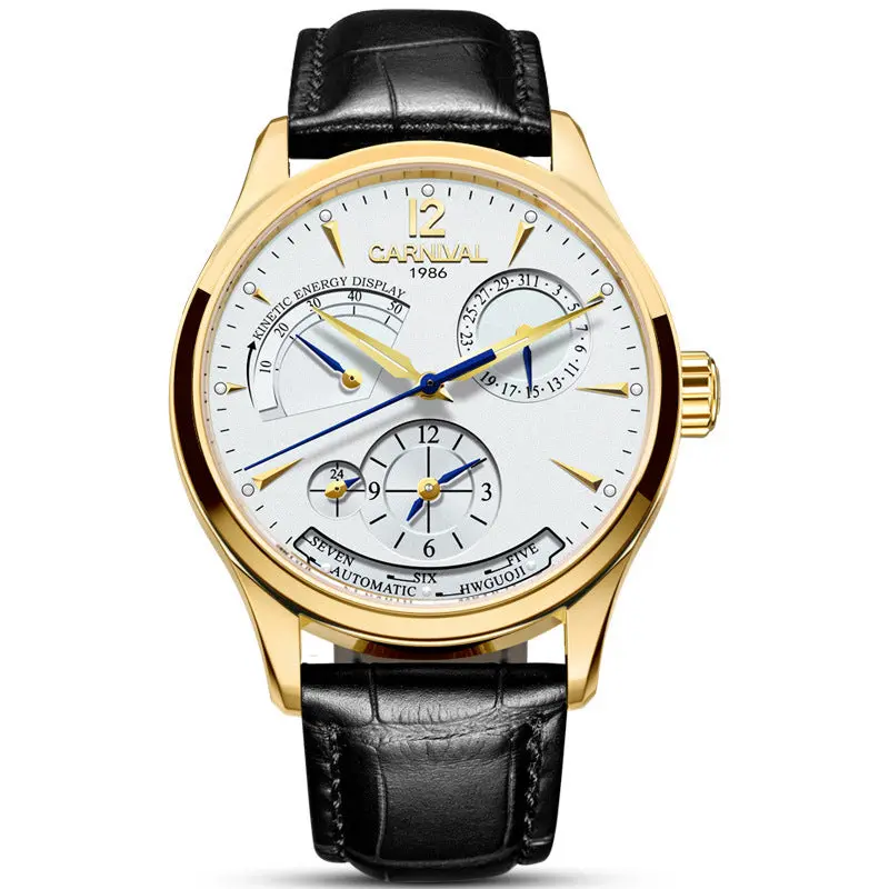Men's Carnival Premium Automatic Dress Watch, Leather Strap Watch with Analog Dial, Auto Movement, Date Display, Luminescent Hands