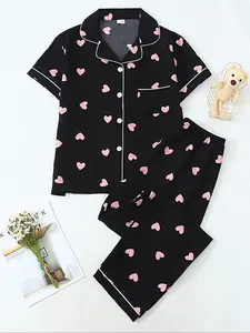 Women's Two-Piece Pajama Set, Fitted Casual Comfortable Woven Lapel Pocket Heart Shirt Short Sleeve + Elastic Waist Home Pants, All-Season Sleepwear Loungewear
