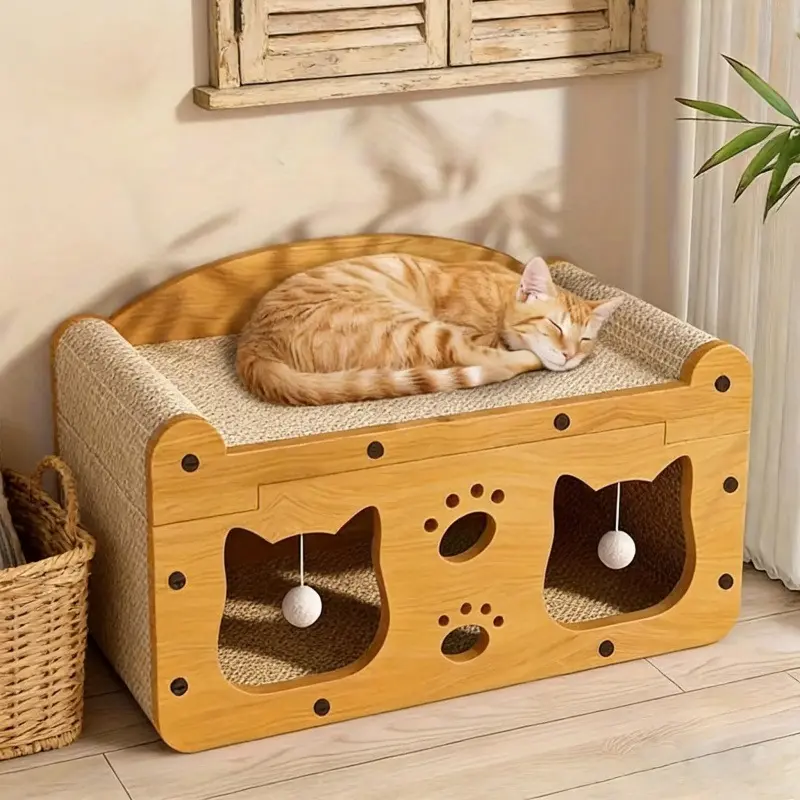2 in 1 House & Scratch Board, 1 Set Wooden Bed with Scratcher, Durable Double Layer Bed, Pet Furniture for Indoor Spacious cool cat stuff cozy cat bed cat scratcher indoor cat accessories cat toys cat accessories cat tree catio cat tree tower soft