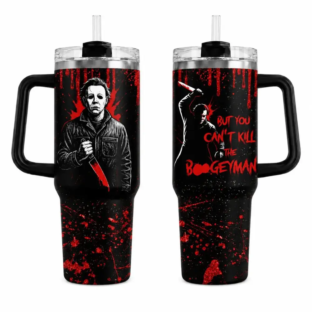 Halloween Horror Tumbler 30oz 40oz With Handle, Black Red Slasher Movie Fan Cup, Knife Blood Splatter Scary Artwork Gift, No Straw Included