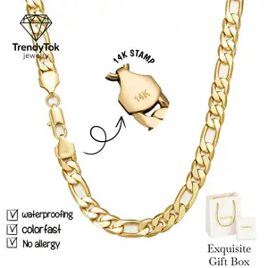 TrendyTok 14K Real Gold Plated Figaro Chain Necklace for Men 2-10mm Wide 20/24 Inch Italian-Style Cuban Link Tarnish Free Waterproof Hip Hop Streetwear Layering Jewelry Gift for Him mother's day gift for wife tiktokshopspringglowup