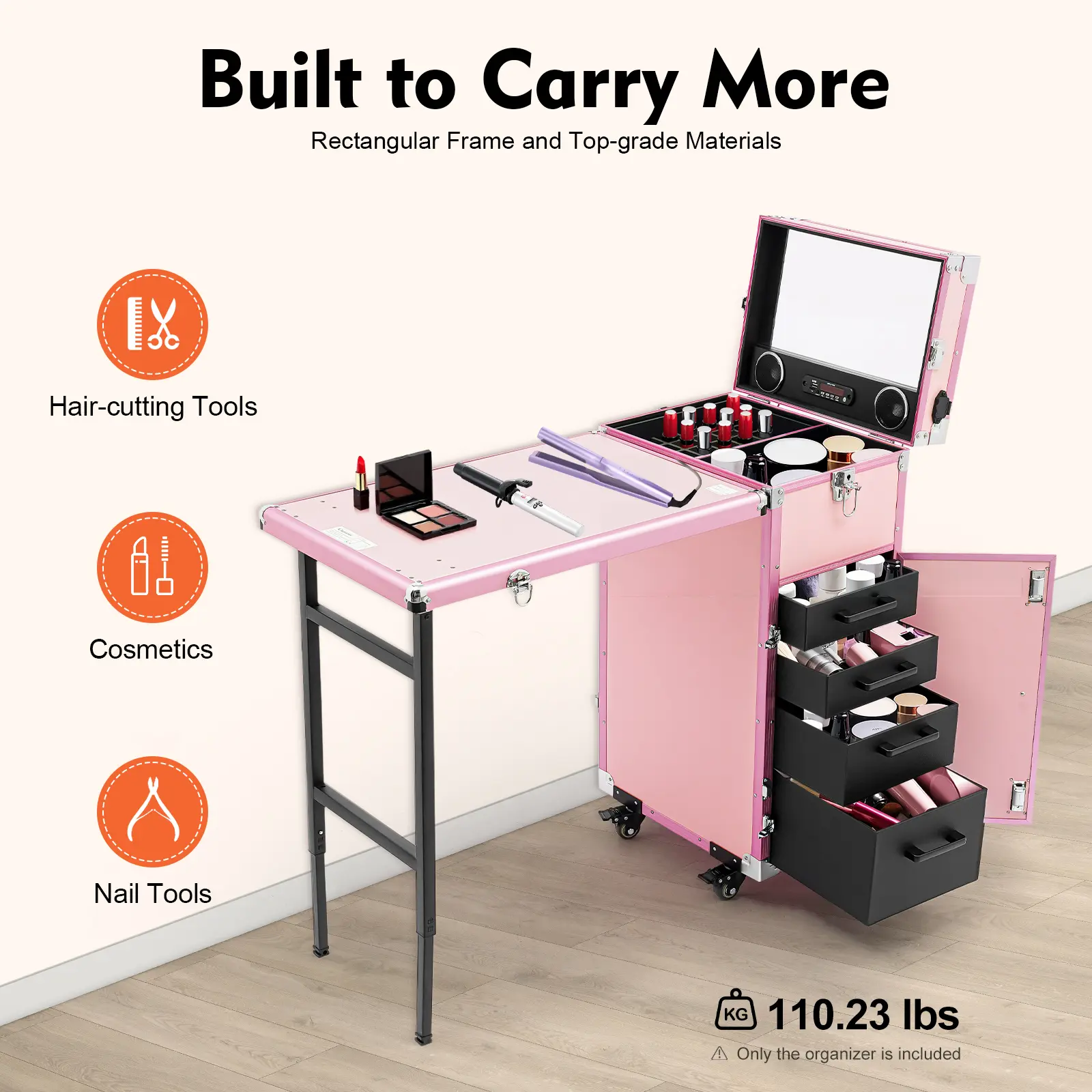 Rolling Cosmetic Trolley with Bluetooth Speaker Expandable Table Mirror Lockable Big Capacity Makeup Case with Drawers for Makeup Artist Salon Travel