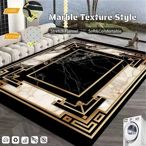 Luxury Black Gold Marble Flannel Area Rug, Decorative Rug - Modern Greek Key Geometric Print Soft Mat for Living Room, Non-Slip Art Deco Home Decor