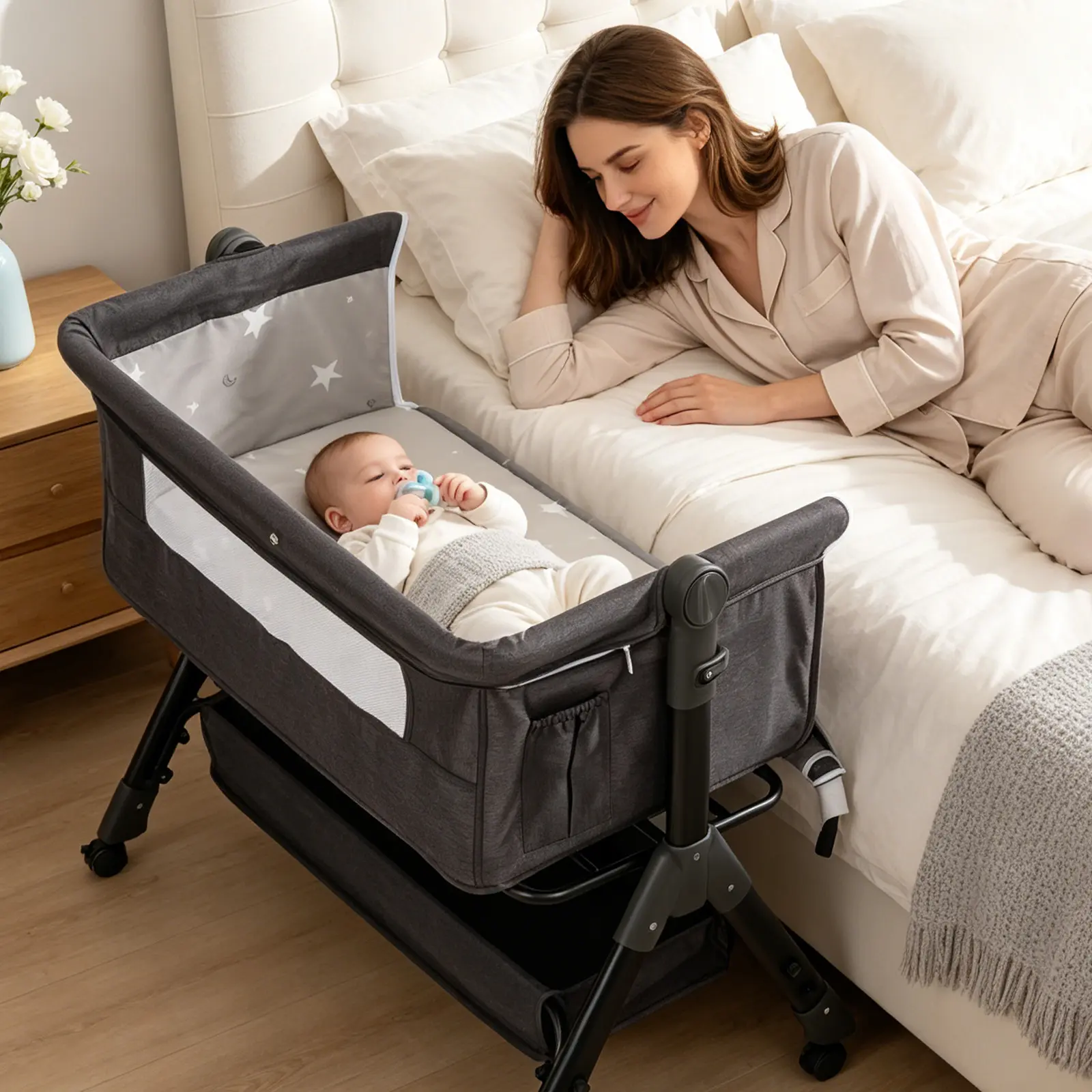 Child Safe Portable Baby Bassinet - Adjustable, Aluminum Folding Collapsible Frame Bedside Sleeper with Storage Basket, Mosquito Net, Easy Fold, Bassinet Attachment for Newborns, Infant & Toddler Beds, Baby Gift, Adjustable Bassinet Infan,backtoschool