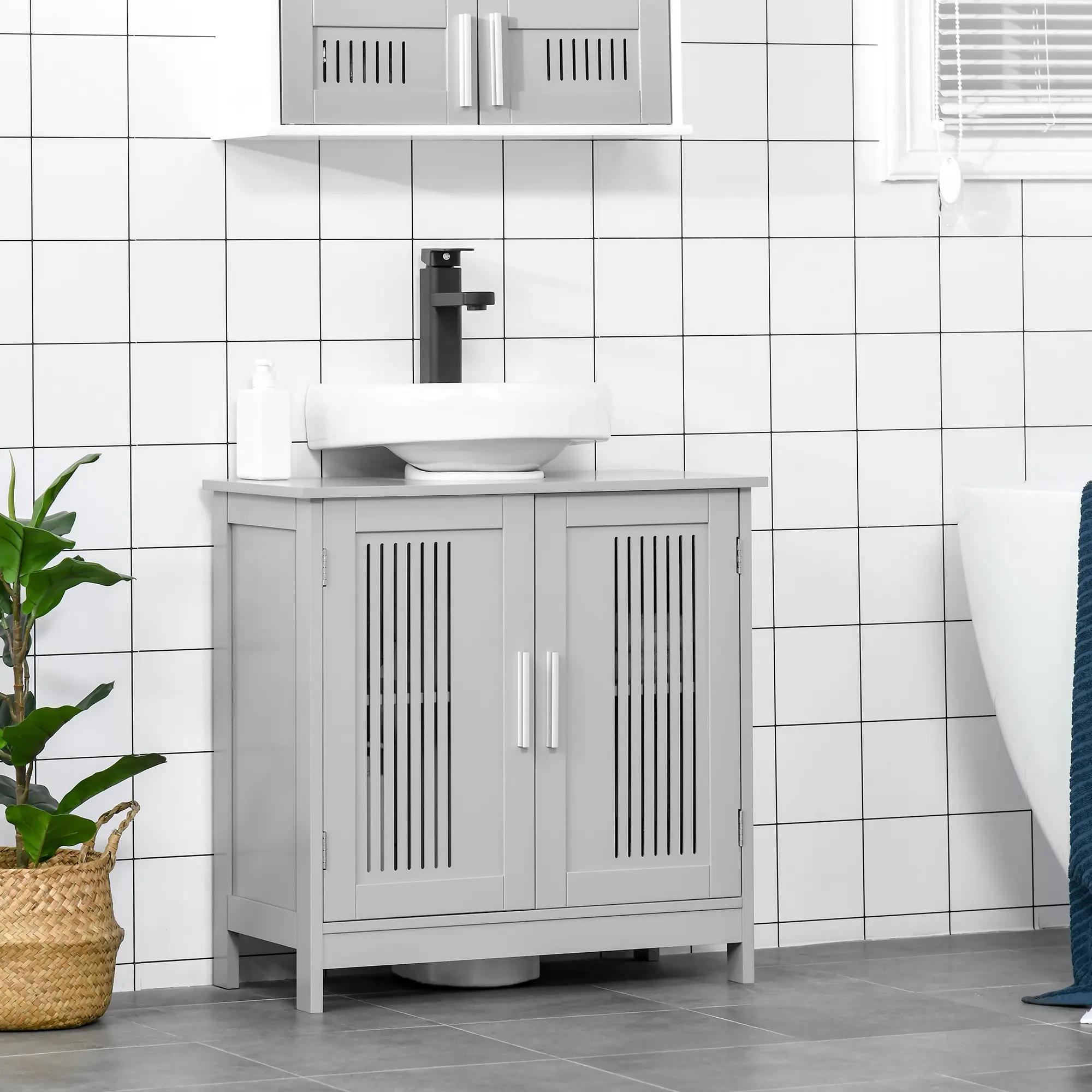 U-Shaped Under Sink Pedestal Cabinet – Fits Open Sinks to Maximize Storage. Adjustable Shelf for Custom Organization. Double Doors Protect from Moisture. Sturdy MDF. Holds 22 lbs. Grey