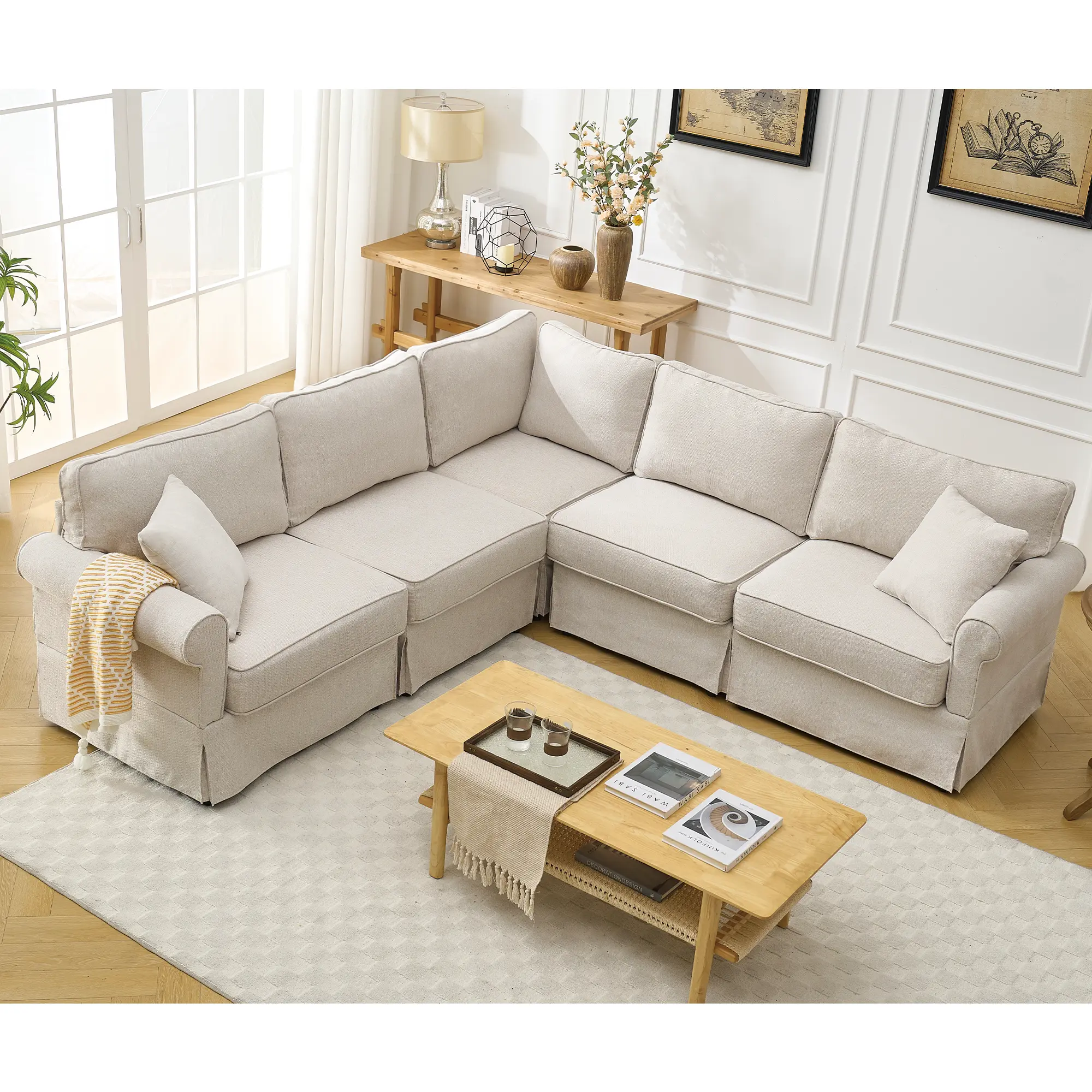 Niccae 5-Seat Modular Convertible Reversible L-Shaped Upholstered Corner Sofa Set with Rolled Arms, Soft Linen Fabric, Dark Gray Sofas for Living Room,sohochic