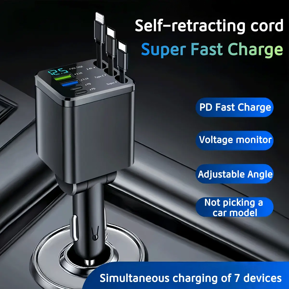 7-in-1 Retractable Car Charger: 65W PD & QC3.0 Fast Charge Adapter | 70cm Self-Retracting Cables & Dual Ports | 180° Adjustable Angle & Voltage Monitor | Premium Road Trip Essentials for iPhone, Samsung, Android & Tablets