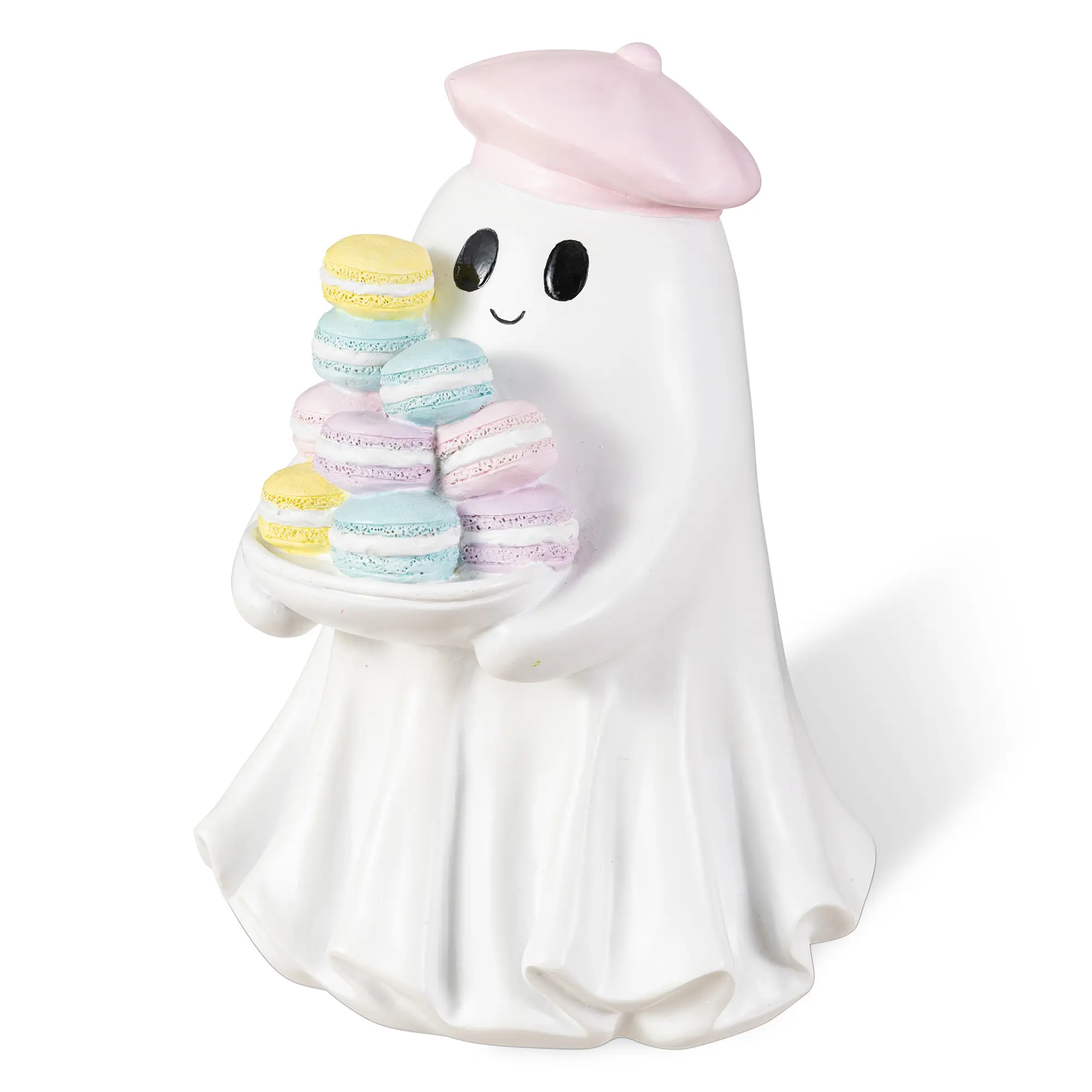 Glitzhome 9.75inH Handmade Polyresin Ghost with Macarons - Halloween Aesthetic Creepy Cute 3-Dimensional Holiday Ornament, Table Decor, Home Party Supply