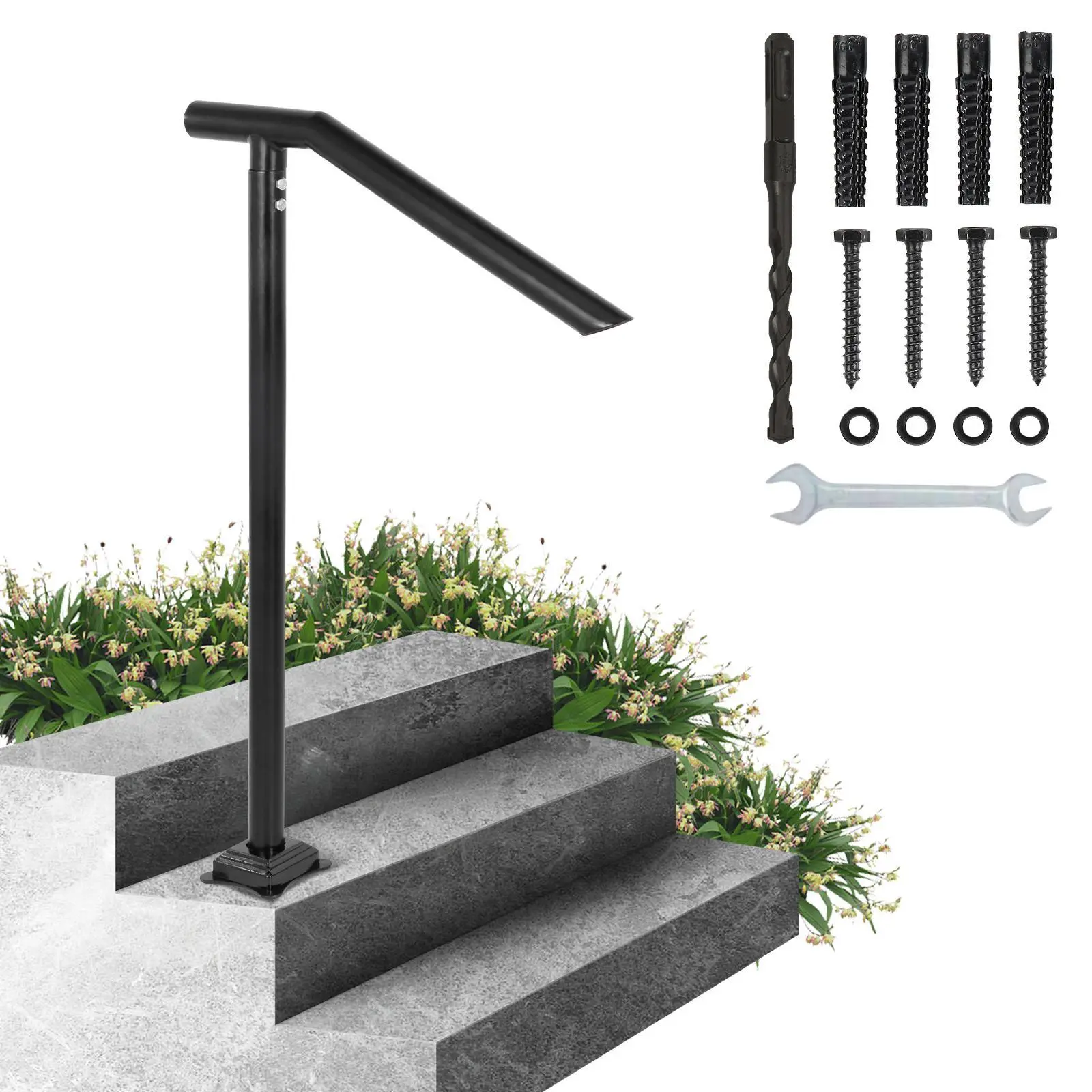 【SummerFinds】VEVOR Handrail,  , 1-3 Step Black Steel Railing for Steps 330LBS Capacity Stair Handrail  Baking Varnish Metal Handrail for Stairs Stylish Handrails for Outdoor Steps with Expansion Bolts & Drill Bit