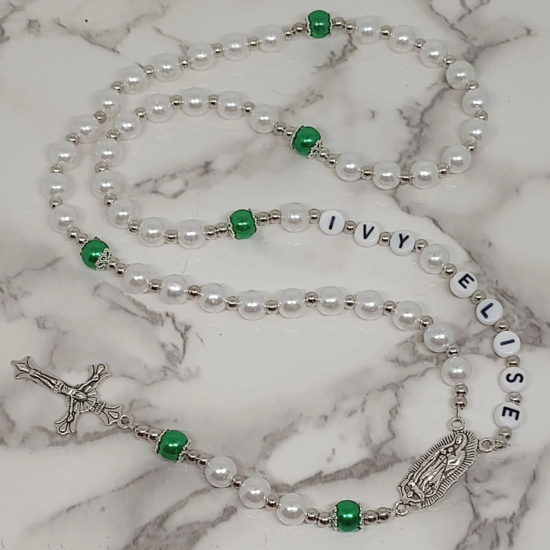 Personalized Rosary Prayer Beads Meditation with Green Accents and Custom Name Ivy Elise Design