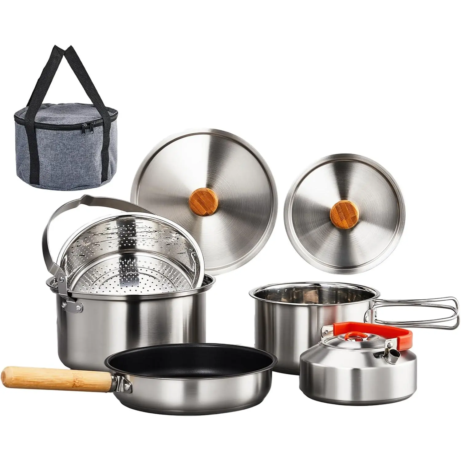 Lightweight Stainless Steel Nesting Camping Cookware Set with Carrying Bag - Portable Cookware, Campfire Cooking Equipment for 4-6 People, Campfire Frying Use