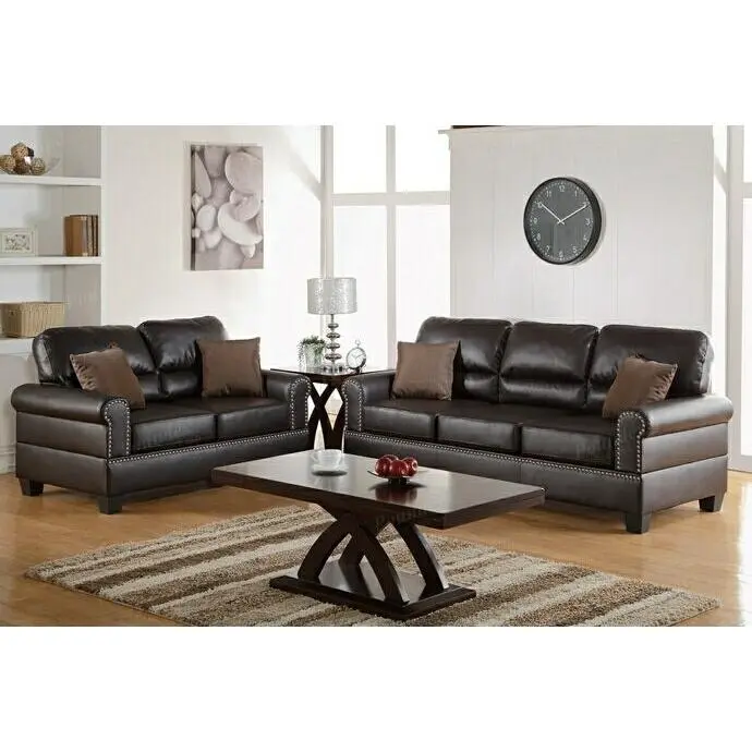 Poundex F7878 2-Piece Upholstered Espresso Faux Leather Sofa and Loveseat Set - Nail Head Trim, Rounded Arms, Modern Home Living Room Couch