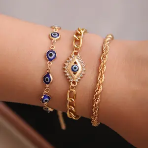 Gold Plated Evil Eye Bracelet Set - Elegant Layered Cuban Chain Bracelets, Protective Amulet for Summer Beach Festival (Sports Wristbands Accessory)