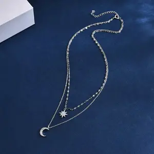 Women's Elegant Adjustable Double-Layer Silver-Finish Alloy Charm Dangle Necklace - 41cm Chain, Star & Moon Pendants, Bling Decorative Long Dangling Adjustable Pendants Necklace, Daily Accessory & Valentine's Day Gift, Charm Dangle Necklaces, Long Danglin
