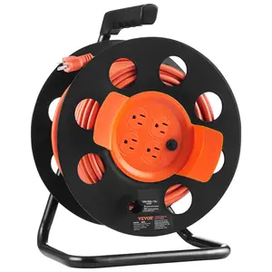 VEVOR Extension Cord Reel,  100FT, with 4 Outlets and Dust Cover, Heavy Duty 12/14 AWG SJTOW Power Cord, Manual Cord Reel with Portable Handle Circuit Breaker, for Toolshed Garage, Tested to UL Standards