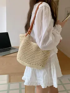 Women's Solid Color Crochet Shoulder Bag, Large Capacity Boho Straw Bag, Casual Trendy Versatile High-quality Daily Commuting Bag, Girl Fashionable Shopping Bag