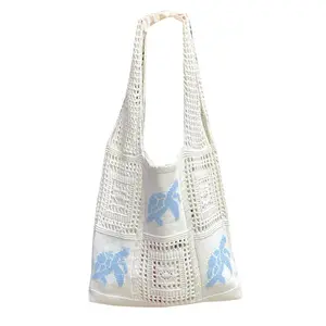 Women’s Polyester Crochet Beach Tote Bag, Cute Sea Turtle Pattern Design, Bohemian Open-Top Handbag, Large Capacity Lightweight Summer Tote, Ideal for Beach, Vacation and Casual Daily Wear