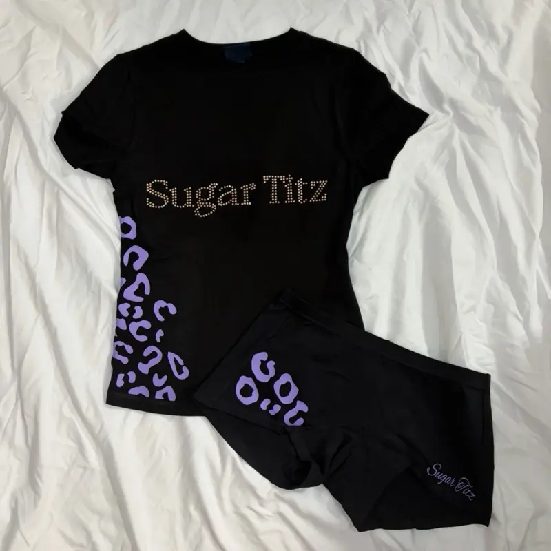 Women’s Black/Gold/purple Rhinestone + Leopard print Loungewear/streetwear two piece set.