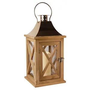 LumaBase 6in Wooden Lantern with Glass, Battery-Operated LED Flameless Candle, Natural Copper Roof, Timer Switch, Hanging, Removable - Home Goods, Indoor Home Decor
