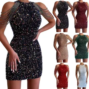 Spring 2025 Sexy Neck Off-Shoulder Tassel Hip Sequin Dress