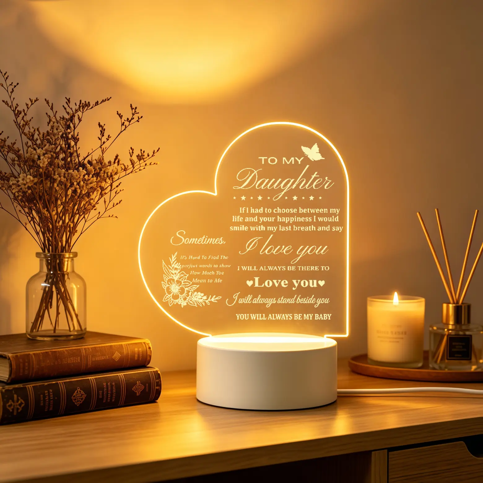To My Daughter Acrylic Heart LED Tabletop Lamp - 2.5W Warm Light with Engraving (Text, Floral Design), Personalized Message Keepsake from Mom Dad, Room Decor for Girls, Bedroom Festive Home Supply Gift for Birthday, Sentimental Gift