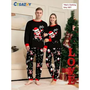 Men's Christmas, autumn and winter casual home pajamas set, wearing sunglasses, Santa Claus color light string printed long-sleeved top with full-printed trousers, holiday home two-piece set