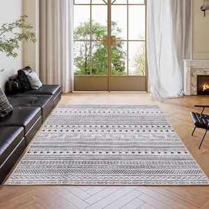 Boho Geometric Stripe Area Rug – Machine Washable, Non-Slip Flat Weave Aztec Tribal Pattern Rug for Living Room, Dining Room, Entryway & Hallway