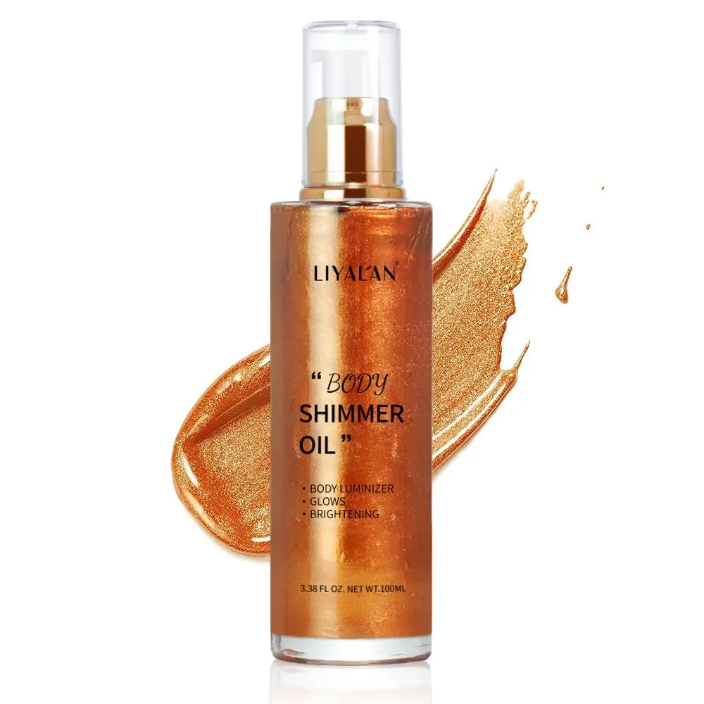 Shimmer Body Oil Bronze Gold 5 Color Bronze Face Brighten Glow Pearl Highlighter Illuminator body Makeup Shine Glitter Gold Liquid Taning(3.38 Fl Oz/03)