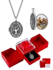 Tree of Life Locket Necklace That Holds Pictures With Rose Jewelry Gift Box, Photo Necklace Gift for Women Men, Keepsake Memorial Gift