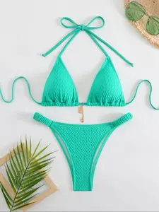 Two-piece Set Women's Plain Textured Metal Decor Bikini Set, Halter Triangle Swim Bra & High Cut Swim Bottom, Ladies Summer Swimwear, Beach Bathing Suit, Bikinis, Spaghetti Strap Bikini, Bikini Swim Top, Swimsuit Style Bikini