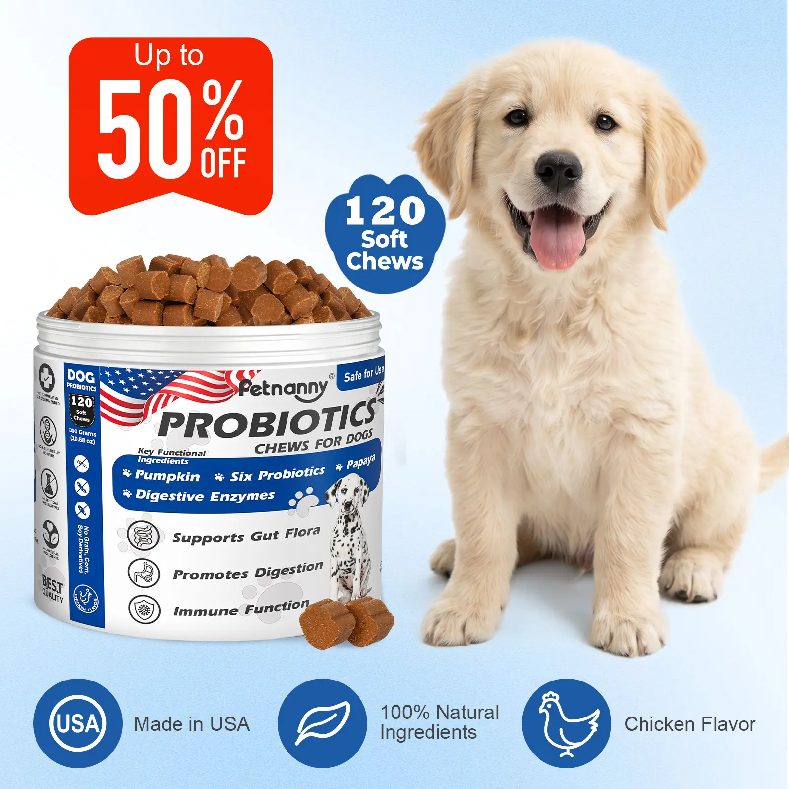 Petnanny Daily Probiotics for Dogs,Helps Digestive Gut Health,Diarrhea & Bloating,Improve Immune System for all dogs,Chiken Flavor, 120 Soft Chews