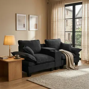 Modular Cloud Sofa. 2 - seater choices: regular or with cup holders & storage. Chenille, 2 pillows. Good for living rooms & apartments. Grey/black available.