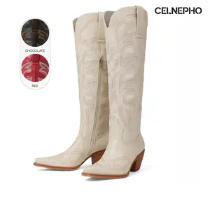 CELNEPHO Cowboy Boots for Women Pointed Toe Western Embroidered Boot Easy Pull on Tabs Knee High Boots Chunky Block Heel Cowgirl Festival Wear Gift for Her Horse Riding Date Country Wedding Dress Shoes