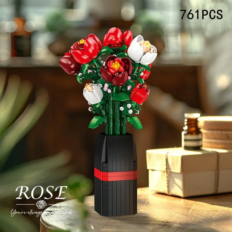 Artificial Rose Building Blocks, DIY Assembly Building Blocks Flower, Small Particle Assembly Model, Girl's Puzzle Toy, Rose Toy, Artificial Roses Bouquet