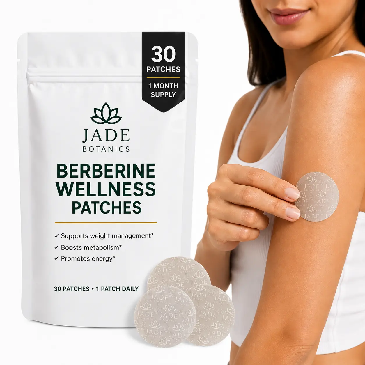 Jade Botanics Berberine Patches for Adults, 30 Count | Botanical Patch with Berberine, Green Tea, Fucoxanthin, African Mango & Vitamin B Complex | Easy Peel & Apply Daily Patch